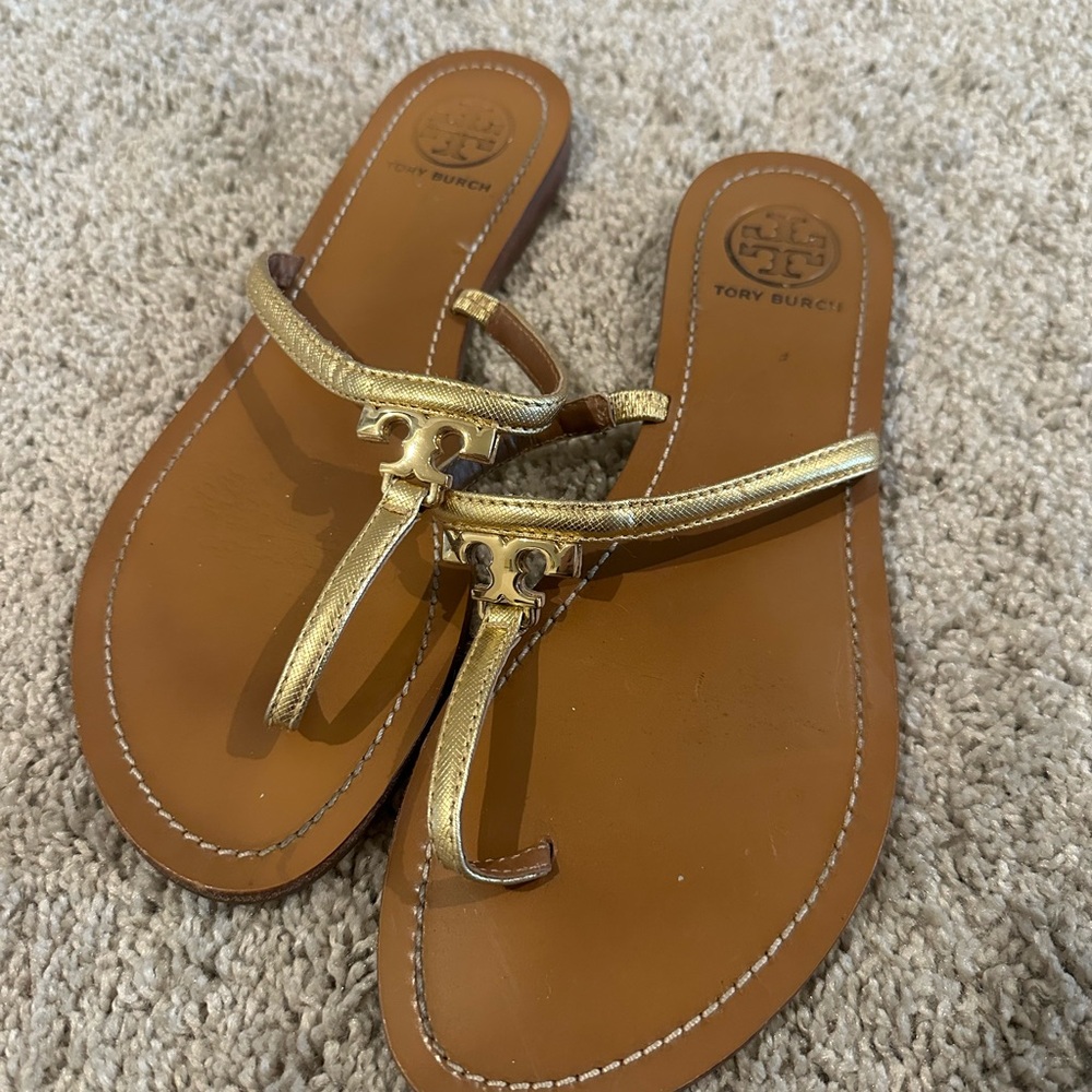 Tory Burch Gold T-Strap Sandals with Metallic Accents